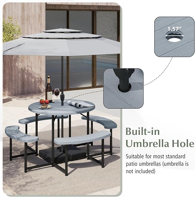 Giantex Picnic Table Bench Set for 4-8 Person, Round 37” Outdoor Dining Table w/Umbrella Hole, HDPE Tabletop - Photo 4