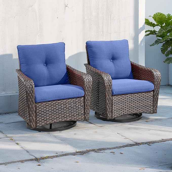 Rilyson Outdoor Patio Swivel Rocker Chairs - 4 PC Wicker Rattan Patio Rocking Glider Chair Set with High Back,Comfy Cushions and Deep Seating for Porch Deck Backyard Garden(Brown/Blue)