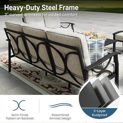 Outdoor Patio Furniture Set, 7 Seats Outdoor Patio Set with 4" Thick Cushion, All-Weather Metal Patio Sofa with Coffee Table, Outdoor Sectional Furniture for Porch Backyard Deck Yard, Black&Beige