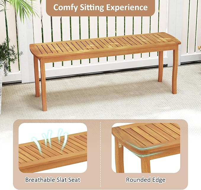 Tangkula Acacia Wood Outdoor Bench, 47" 2-Person Patio Dining Bench with Slatted Seat, Backless Wooden Entryway Bench, Farmhouse Indoor Outdoor Bench for Garden, Poolside, Deck & Park (1,Natural)