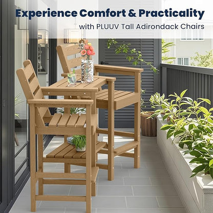 PLUUV Tall Adirondack Chairs Set of 2, All Weather HDPE Poly Bar Height Balcony Adirondack Chair with Removable Double Connecting Trays, Outdoor Adirondack Barstools for Deck, Patio, Yard, Pool, Lawn