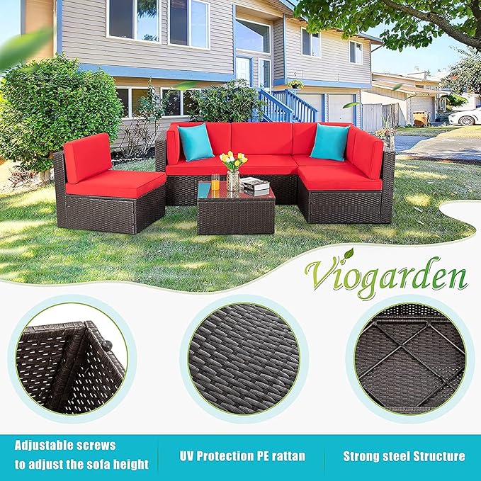 Vongrasig 6 Pieces Patio Furniture Set, Outdoor Sectional Sofa Couch, All Weather PE Rattan Patio Conversation Sets with Coffee Table for Garden, Backyard, Poolside (Red)