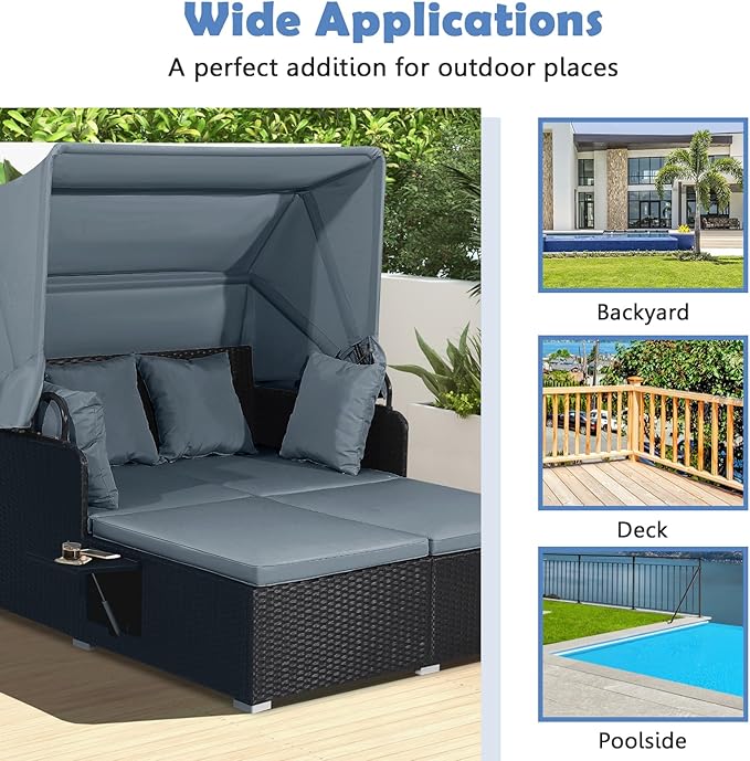 LDAILY Moccha Outdoor Daybed with Retractable Canopy, Wicker Cabana with 2 Side Tables & Soft Cushions,Hand-Woven PE Rattan Bed Lounger, Patio Sectional Furniture Set for Garden Backyard Porch (Grey)