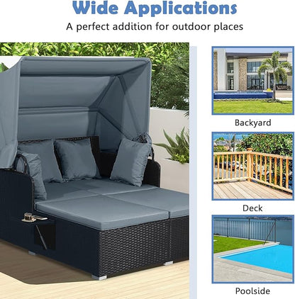 LDAILY Moccha Outdoor Daybed with Retractable Canopy, Wicker Cabana with 2 Side Tables & Soft Cushions,Hand-Woven PE Rattan Bed Lounger, Patio Sectional Furniture Set for Garden Backyard Porch (Grey)