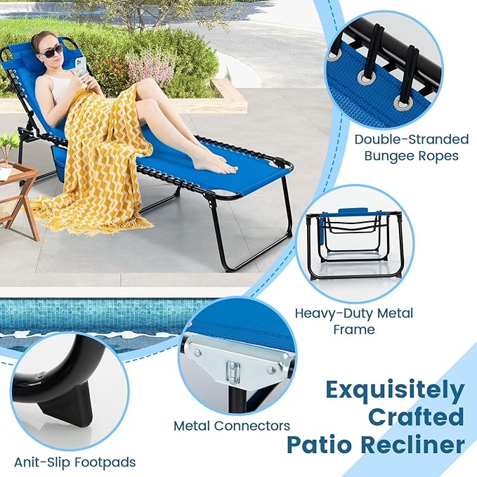 Goplus Chaise Lounge Chair, Outdoor Folding 5-Postion Beach Lounge Chair with Detachable Pillow, Side Pocket, Adjustable Tanning Chair for Patio Lawn Pool Yard