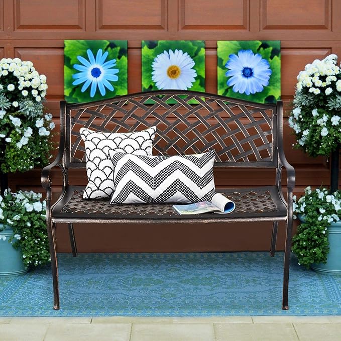 LEISU OKIDA 41” Outdoor Garden Bench All-Weather Cast Aluminum Porch Loveseat Chair for Patio Park Path Yard Lawn Work Entryway Decor Deck (Bronzed)