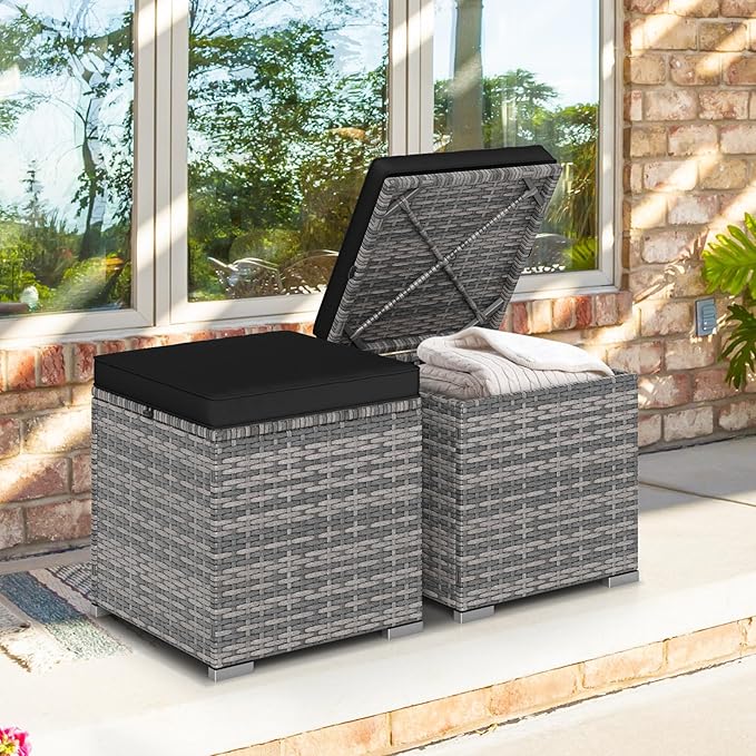 Tangkula 2 Pieces Patio Ottomans, Patiojoy Hand-Woven PE Rattan Side Table with Removable Cushion & Hidden Storage Space - Photo 2