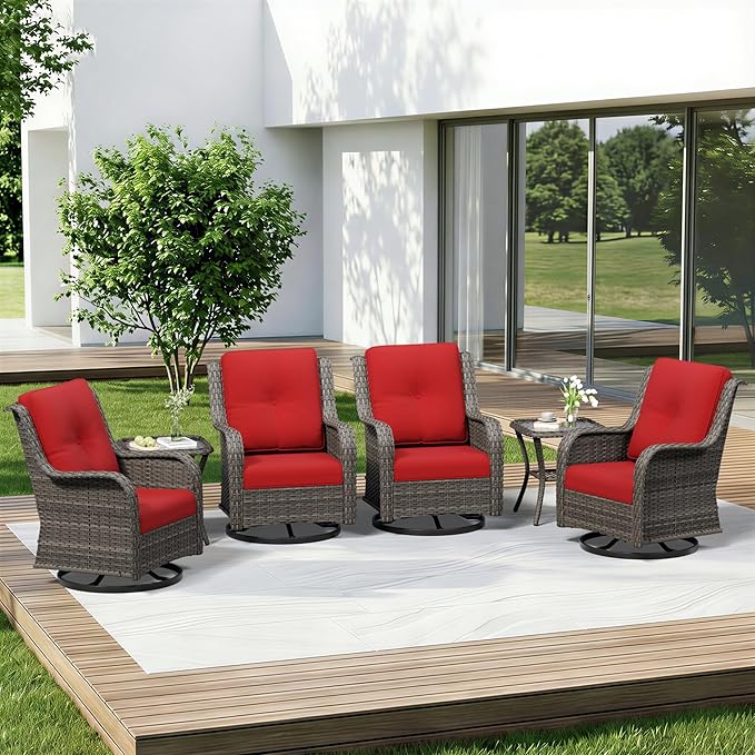 6 Piece Outdoor Wicker Patio Furniture Set, Outdoor Swivel Rocker Patio Chairs Set with Thickened Olefin Cushions - Photo 1
