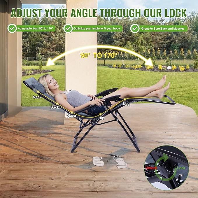 Backyard Expressions Deluxe XL Padded Recliner Zero Gravity Chair – Ergonomic Anti-Gravity Lounger with Folding Design, Side Tray, and Adjustable Headrest