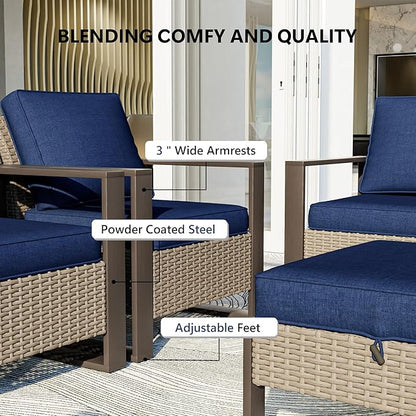 4 Piece Patio Furniture Set, Outdoor Wicker Chair and Ottoman, Metal Patio Furniture with Deep Seating, Thicken Cushions for Deck, Porch, Yard Use (Blue, 4 PCS/Chairs)