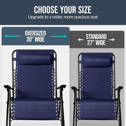 Best Choice Products Set of 2 Extra Wide Adjustable Steel Mesh Zero Gravity Lounge Chair Recliners w/Pillows and Cup Holder Trays - Navy