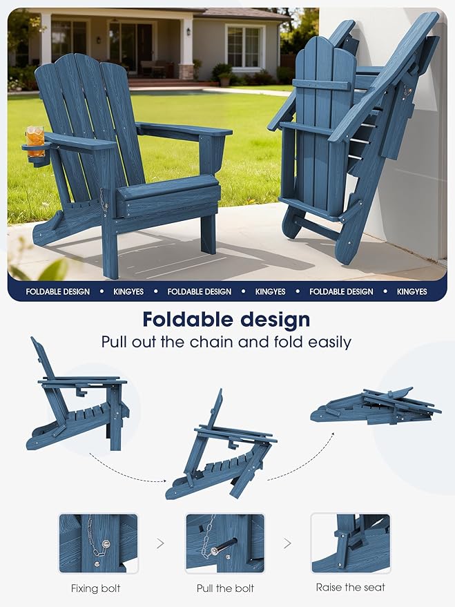 KINGYES Folding Adirondack Chair, HDPE All-Weather Patio Chairs with Cup Holder - Photo 6
