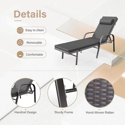 Kurapika Patio Chaise Lounge Set 3 Pieces Outdoor Lounge Chair, Rattan Reclining Chair Adjustable Backrest, Pool Sunbathing Recliners with Folding Table for Poolside Beach, Black