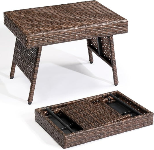 VINGLI Outdoor Folding Rattan Side Table, Portable Wicker End Table for Patio, Garden, Poolside, and Indoor Use, Mix Mocha