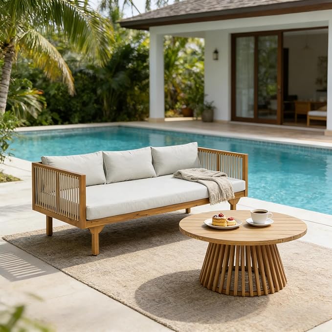Merax Outdoor Acacia Wood Conversation Set - Patio 3-Seat Loveseat Sofa w/Coushion and Round Coffee Table for Backyard - Photo 4