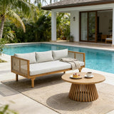 Merax Outdoor Acacia Wood Conversation Set - Patio 3-Seat Loveseat Sofa w/Coushion and Round Coffee Table for Backyard - Photo 4