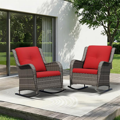 Patio Rocking Chairs Set of 2, Outdoor Wicker Patio Furniture Set 2 Pieces with Thickened Olefin Cushions, High Back and Deep Seating, Hand-Woven PE Rattan for Porch, Deck, Red