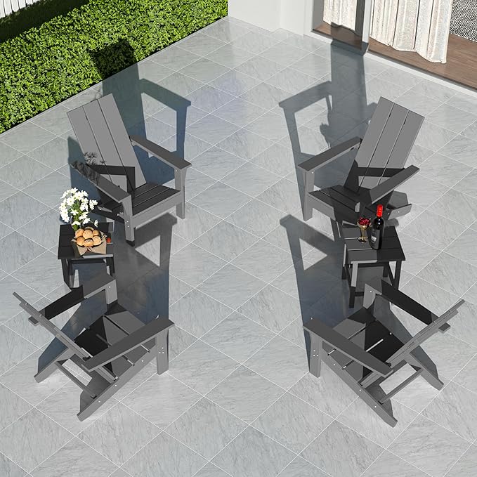 6 Pieces Adirondack Chair Set Outdoor Adirondack Chair Plastic HDPE All-Weather Adirondack Chairs Outdoor Fire Pit Chairs with Table for Deck Patio Garden（Grey）