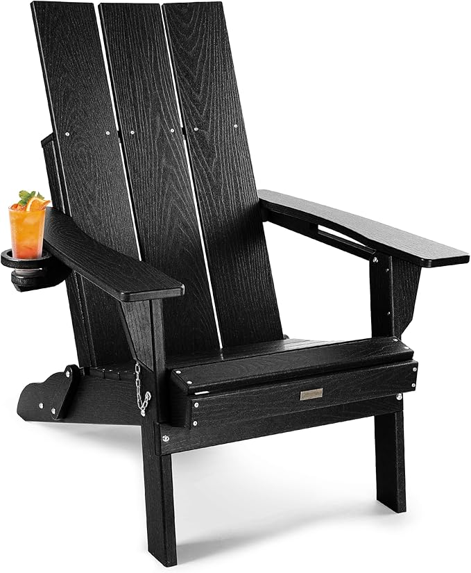 Adirondack Chair with Cup Holder: Folding Adirondack Chairs Plastic HDPE Material Furniture - Modern Composite Fire Pit Chairs Foldable for Outdoor/Backyard/Garden/Lawn/Deck/Porch/Patio