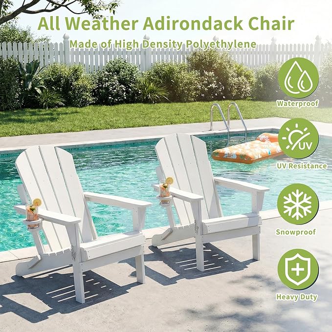 Folding Adirondack Chairs, Plastic Outdoor Patio Chairs with Cup Holder, Wood-Textured with Large Seat for Poolside Backyard Lawn, White