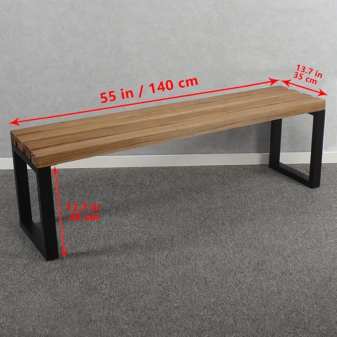 MBQQ Outdoor Soild Wood Bench,55 inch Patio Picnic Bench,Oil Finished Backless Wooden Garden Park Bench for Patio Porch, Modern Slim Indoor Dining Furniture,Sandblast Finish/Rustic Metal,Teak Color