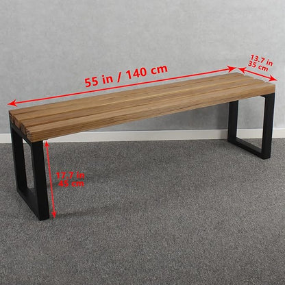 MBQQ Outdoor Soild Wood Bench,55 inch Patio Picnic Bench,Oil Finished Backless Wooden Garden Park Bench for Patio Porch, Modern Slim Indoor Dining Furniture,Sandblast Finish/Rustic Metal,Teak Color