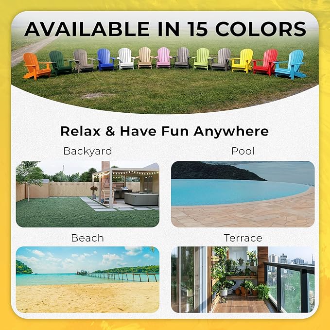 Ecommersify Folding Adirondack Chair with Cup Holder - (Yellow) - Heavy Duty Recycled Poly Lumber Folding Chair - Amish Crafted Outdoor Furniture - Made in USA