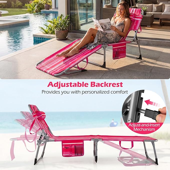 GYMAX Tanning Chair with Face Hole, Sun Bathing Lounge Chairs for Outside with Side Pocket, Folding Portable Face Down Layout Tanning Chair Beach, Backyard, Poolside, Lawn (Pink Stripe,1)