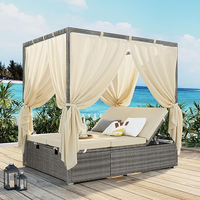 Harper & Bright Designs Adjustable Outdoor Sun Lounger with Canopy,Multi-Position Recline Patio Chair with Removable Cushion,Weather-Resistant Rattan Chaise Lounge for Poolside,Garden & Terrace,Beige
