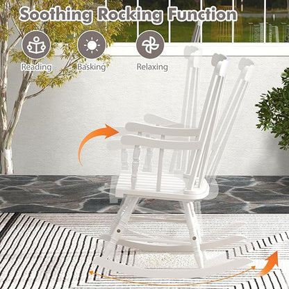 Tangkula Patio Rocking Chair Solid Rubber Wood, Outdoor Porch Rocker Chair with Rubber Wood Frame, Indoor Wooden Rocking Chair, Ideal for Garden, Backyard & Balcony (2, White)