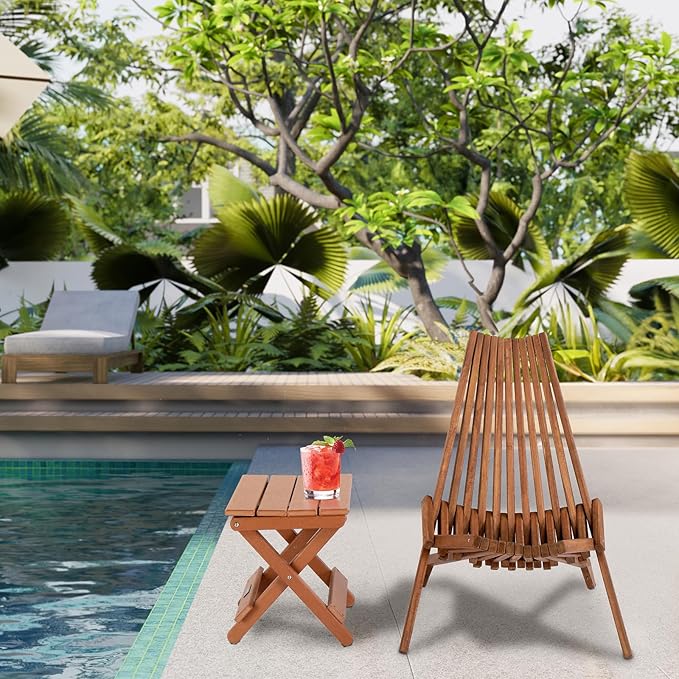 Wooden Folding Chair for Outdoor - Low Profile Acacia Wood Lounge Chair with FSC Certified - Fully Assembled Outdoor Foldable Chairs for Patio, Porch, Pool Deck, Lawn, Garden - Espresso