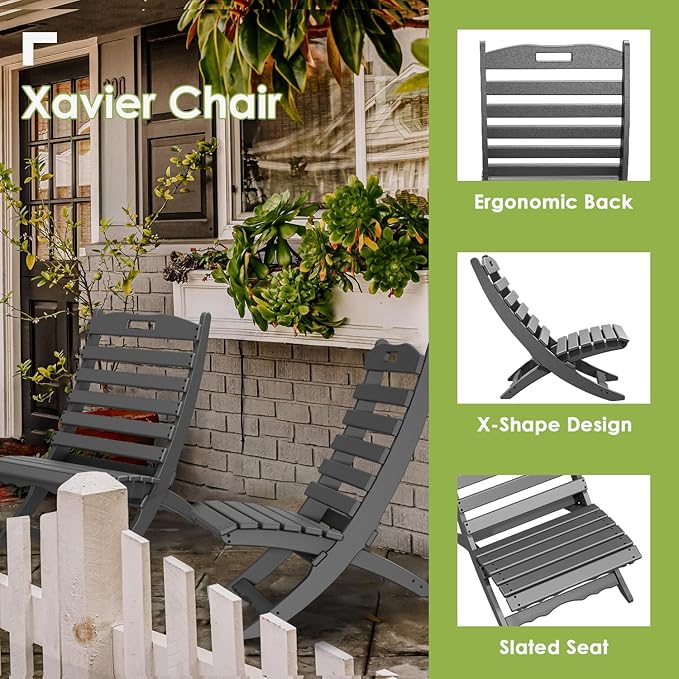 GREENVINES Folding-Xavier-Chairs Set of 4 | Wave | Portable Adirondack-Chair | HDPE Plastic | All Weather Fire-Pit Chair | Gray | for Beach Outdoor Deck Poolside Garden Patio Porch Fishing