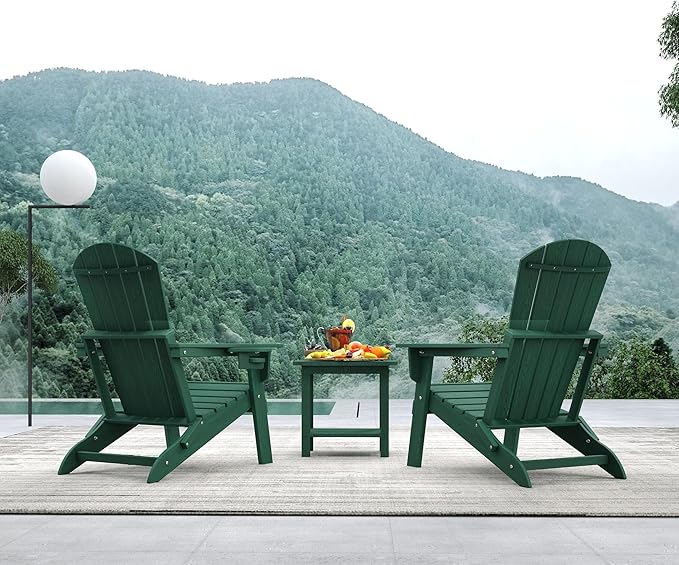 Folding Adirondack Chair Set of 4, HDPE Outdoor Patio Chair with Cup Holder, All Weather Plastic Lawn Chair with Wide Armrests, Portable Patio Chair for Backyard Deck Garden Fire Pit Poolside, Green