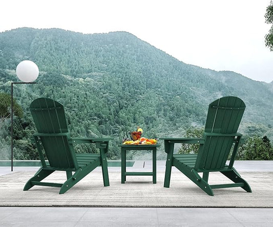 Folding Adirondack Chair Set of 2, HDPE Outdoor Patio Chair with Cup Holder, All Weather Plastic Lawn Chair with Wide Armrests, Portable Patio Chair for Backyard Deck Garden Fire Pit Poolside, Green