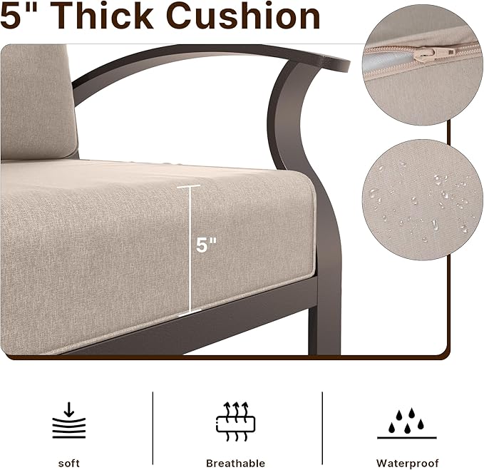 Gotland Aluminum Patio Furniture Set, Metal Outdoor Furniture with 2 Ottomans 5.1’’ High-Resilience Seat Cushions - Photo 3