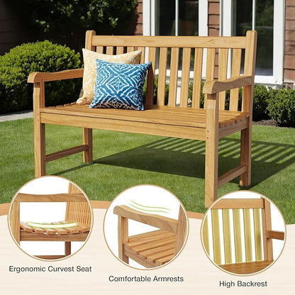 Teak Wood Outdoor Bench Set of 2, Weatherproof Garden Benches for Yard or Porch, 2-Person Park Bench with Ergonomic Patio Seating, Durable Teak Construction for Lawn, Backyard, or Poolside