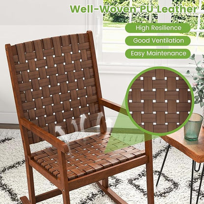 Tangkula Outdoor Rocking Chair, All Weather PU Seat & Rubber Wood Frame Porch Rocker, Safe & Smooth Rocking Motion, Ergonomic Patio Rocking Chair for Garden, Lawn, Balcony, Indoor (1, Brown)