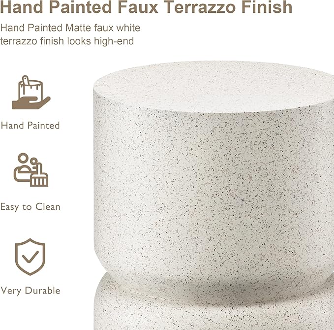 Giltzhome Antique Decorative Garden Stool, 17.25" H Heavy Duty Faux Terrazzo Accent Table, Side Table, Planter Stand for Garden Patio Lawn Home Indoor Outdoor, White