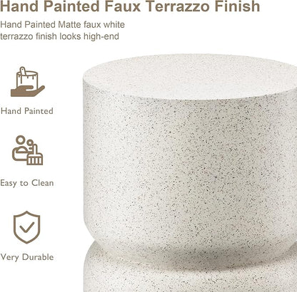 Giltzhome Antique Decorative Garden Stool, 17.25" H Heavy Duty Faux Terrazzo Accent Table, Side Table, Planter Stand for Garden Patio Lawn Home Indoor Outdoor, White