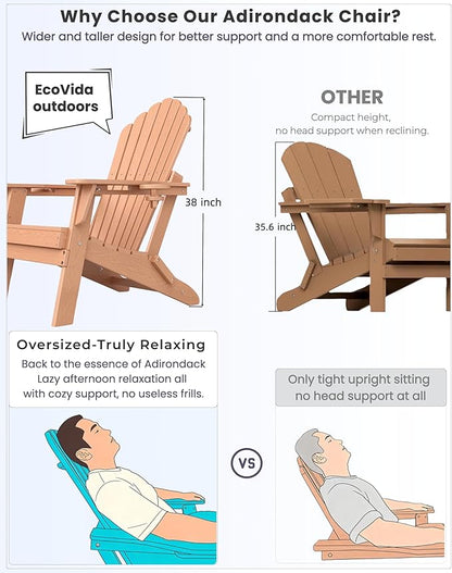 Oversized Adirondack Chair with Dual Cup Holders, Ergonomic High Back HDPE Fire Pit Chair, 380lbs Capacity All-Weather Outdoor Patio Lounge Chair for Garden, Deck, Yard - Cedar
