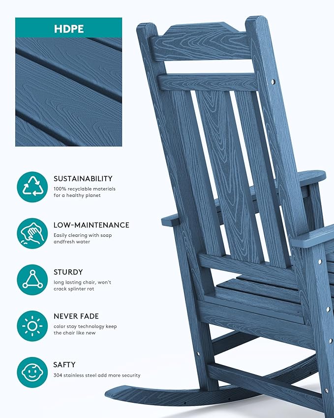 SERWALL Oversized Rocking Chair, HDPE Outdoor Rocking Chairs Set of 4, Patio Rocking Chair Sets for Adults, Blue