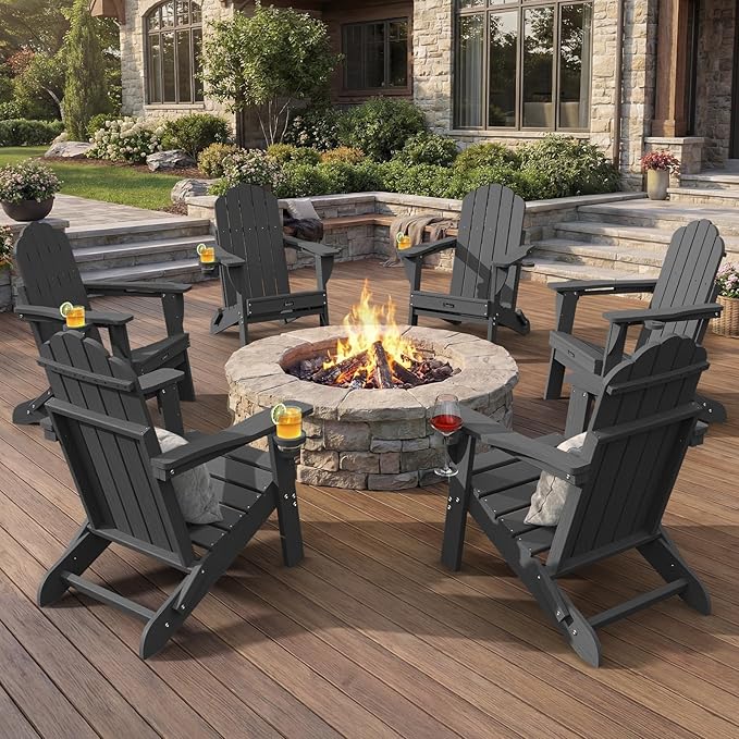 Adirondack Chairs Set of 6, Fire Pit Chairs, Wood Texture Patio Chairs with 2 Cup Holder, Outdoor Lawn Chair, Grey - Photo 1
