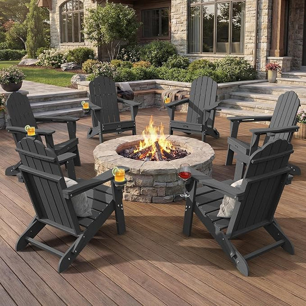 Adirondack Chairs Set of 6, Fire Pit Chairs, Wood Texture Patio Chairs with 2 Cup Holder, Outdoor Lawn Chair, Grey - Photo 1