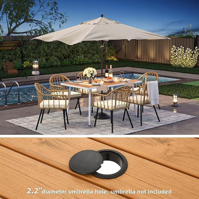 YITAHOME Patio Table Rectangle 59" for 6 Outdoor Table with Umbrella Hole & Adjustable Feet All-Weather Outdoor Patio Table with Metal Frame Patio Dining Table for Garden Backyard