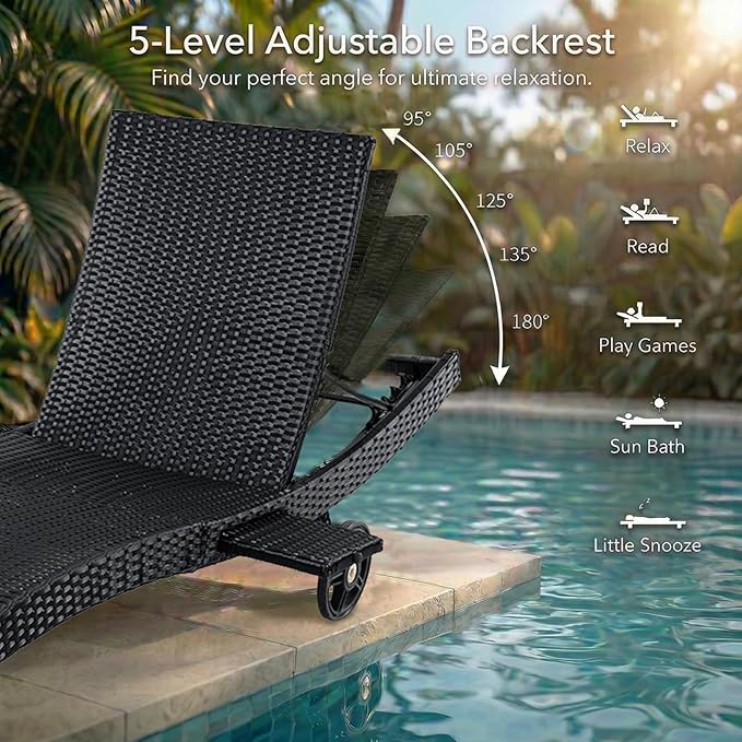 Wicker Outdoor Lounge Chairs with Rolling Wheels, Pool Lounge Chairs Set of 2 - Photo 6