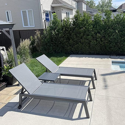 PURPLE LEAF Outdoor Chaise Lounge with Wheels for Outside 2 Pieces Aluminum Patio Lounge Chair with 5 Adjustable Position Sunbathing for Patio, Beach, Yard, Pool, Side Table Included, Grey