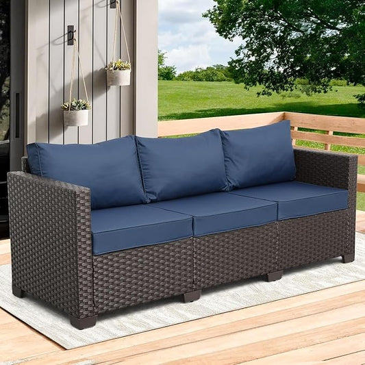 Wicker Outdoor Couch 3-seat Sofa Outdoor Furniture Deep Seat Hight Backrest Patio Furniture with Waterproof Cover Anti-Slip Cushions(Blue)