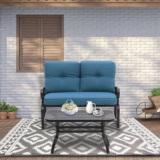 Incbruce Patio Loveseat with Coffee Table - Outdoor Bench with Cushion,2 Piece Wrought Iron Outdoor Loveseat Metal Frame Porch Furniture Set Bench for Patio, Poolside, Garden (Peacock Blue)