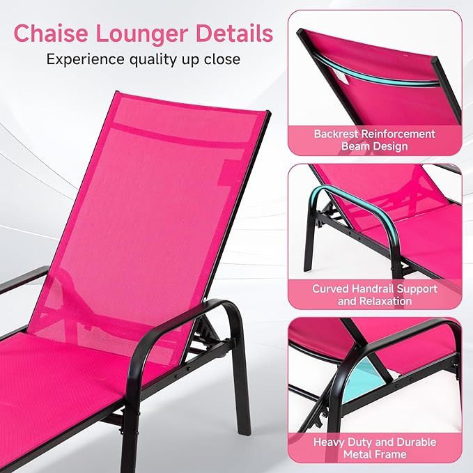 Simple Delxue Folding Chaise Lounge Chair with 5 Reclining Positions, Beach Recliner Chair with Armrests - Photo 5
