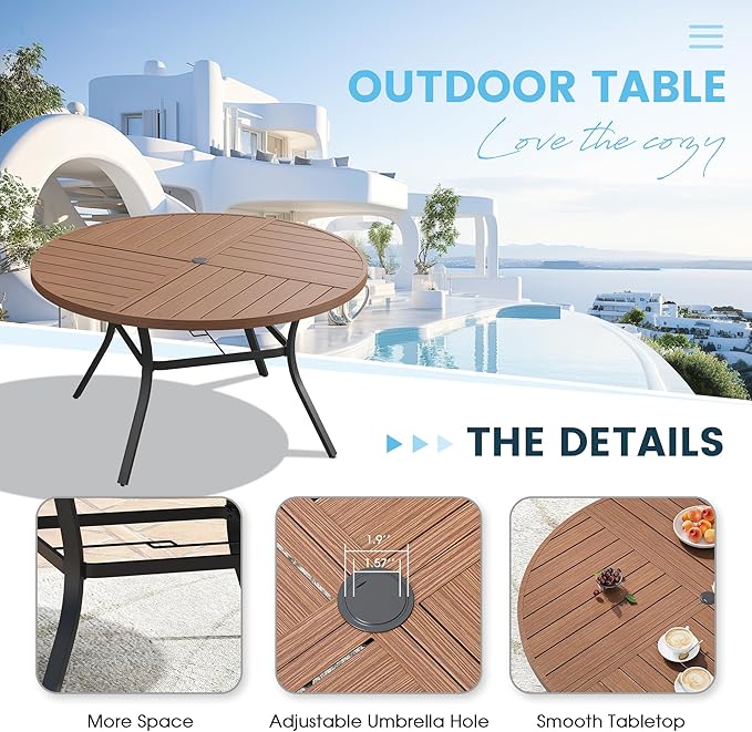 Patio Dining Table for 6-8, Round Metal Outdoor Table with Storage Shelf, 1.57" Umbrella Hole, 53" Outdoor Quartered Tabletop Dining Table for Backyard, Porch, Lawn, Walnut